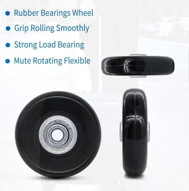 FSATNDE Suitcase Spinner wheels Luggage Wheels Replacement Set,8PC 2.4in/60mm PU Rubber Wheels,0.63in/16mm Bearings Width & 2Size Axles Mute Flexible Smooth for Damaged Luggage Trolley Caster Repair - Image 4